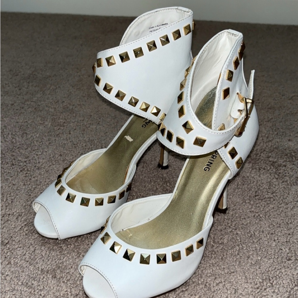 White Studded Heels with Gold Accents